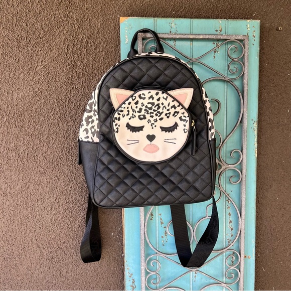 "Luv Betsey" Betsey Johnson Black Cat Mini Backpack Faux Leather Striped Lining - Picture 1 of 11
